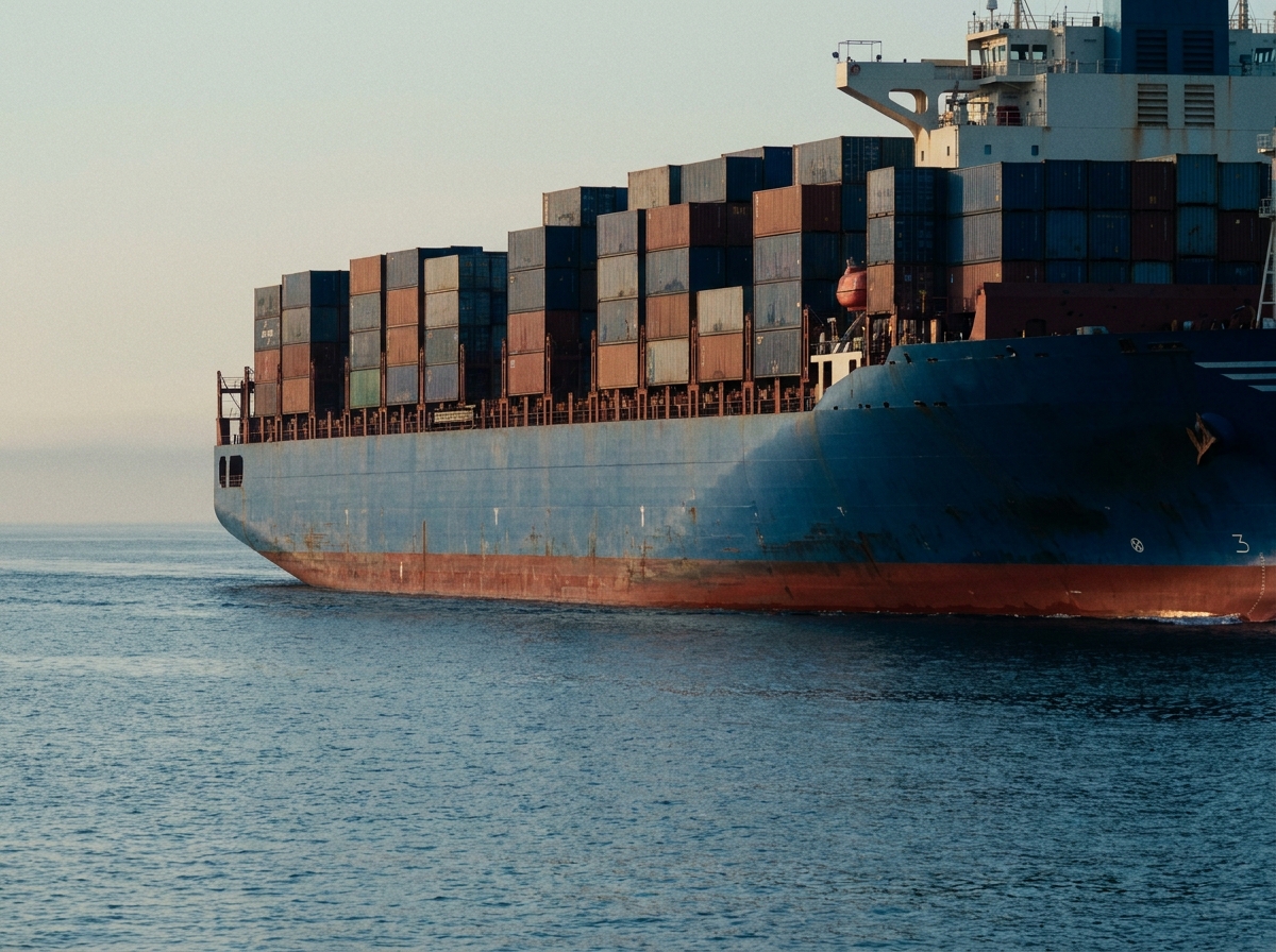 Container ship under way at dusk on calm steel-blue water
