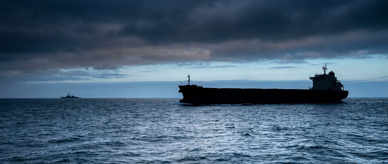 Container ship under escort at dusk in contested waters