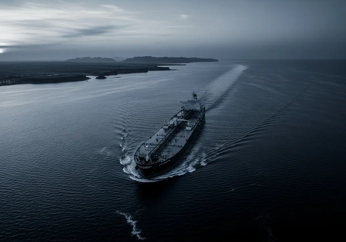 Crude oil tanker in the Strait of Hormuz at twilight