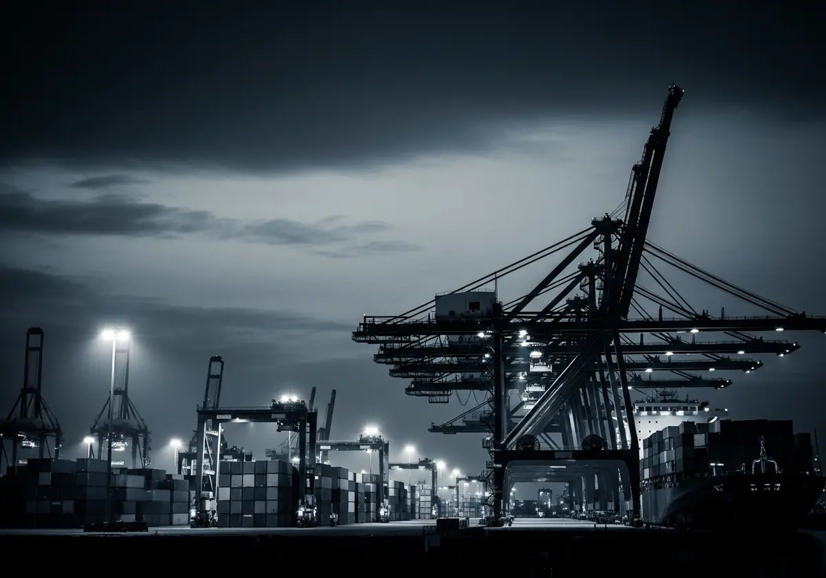Commercial port with container cranes at night